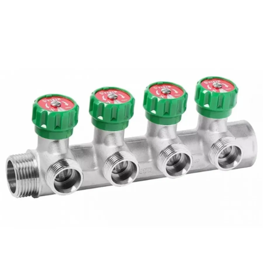 Коллектор VIEIR латунный с регулирующими вентилями 1"x3/4"- 4 вых. VR526-4