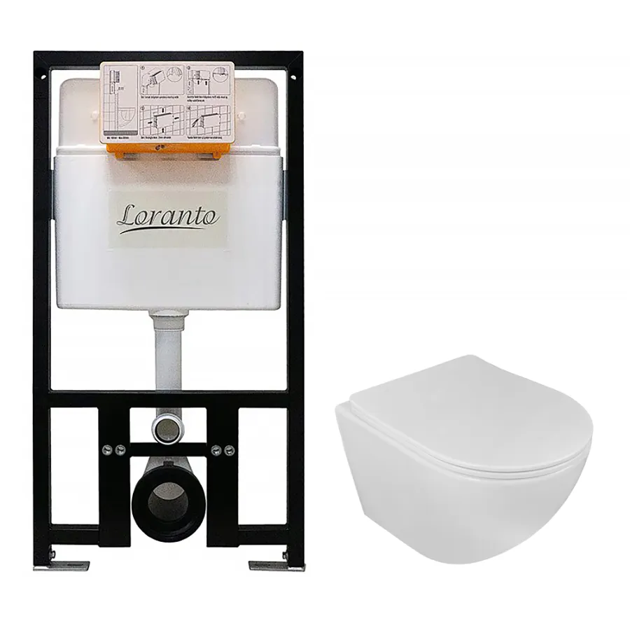 Сет: Инсталляция LORANTO Prestige + подвесной унитаз Azario ESTER 485х360х320 безободковый, система смыва Tornado, в комплекте с быстросъемным сиденьем микролифт (БЕЗ КНОПКИ) (4551+87265)