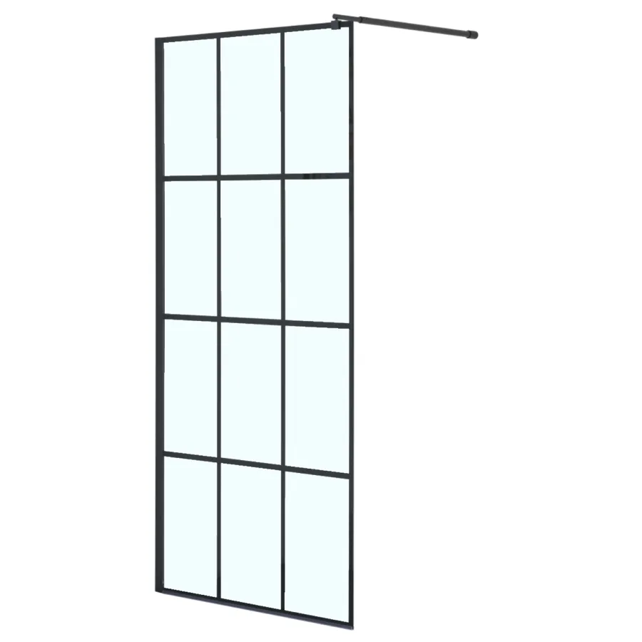 Душевая перегородка Loranto Walk-in 120x200 регулируемый кронштейн 70-100 мм, прозрачное стекло "Лофт клетка" 8 мм, профиль черный матовый (CS-W02B-120)